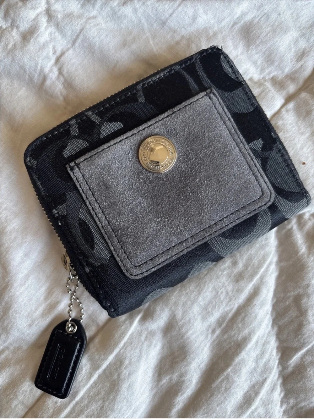 Coach Black Signature Compact Wallet with Gray Suede Pocket